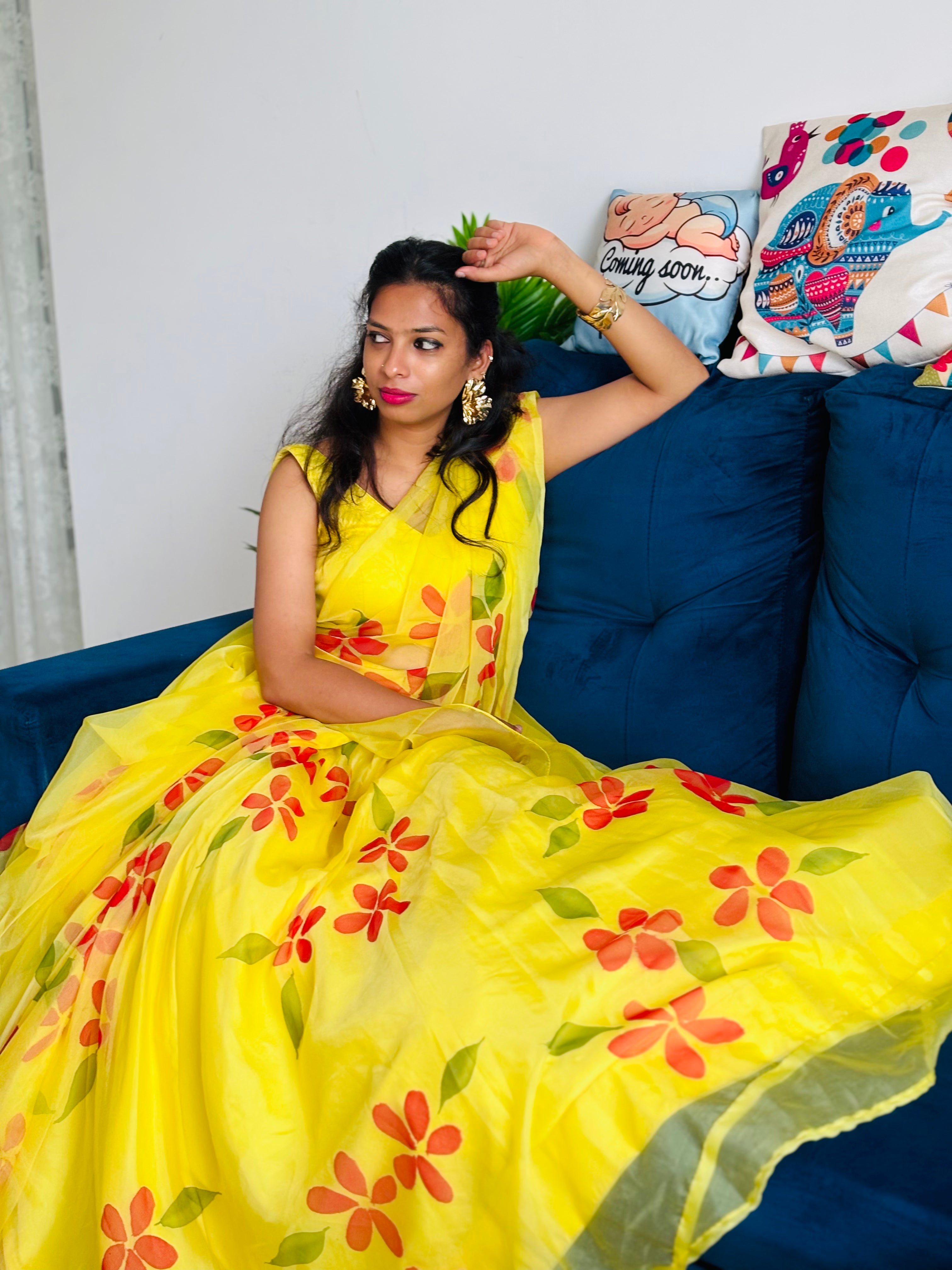 yellow organza handpainted lehenga