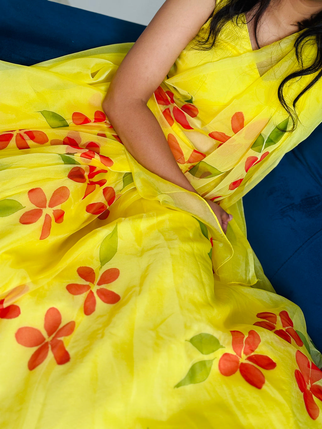 yellow organza handpainted lehenga