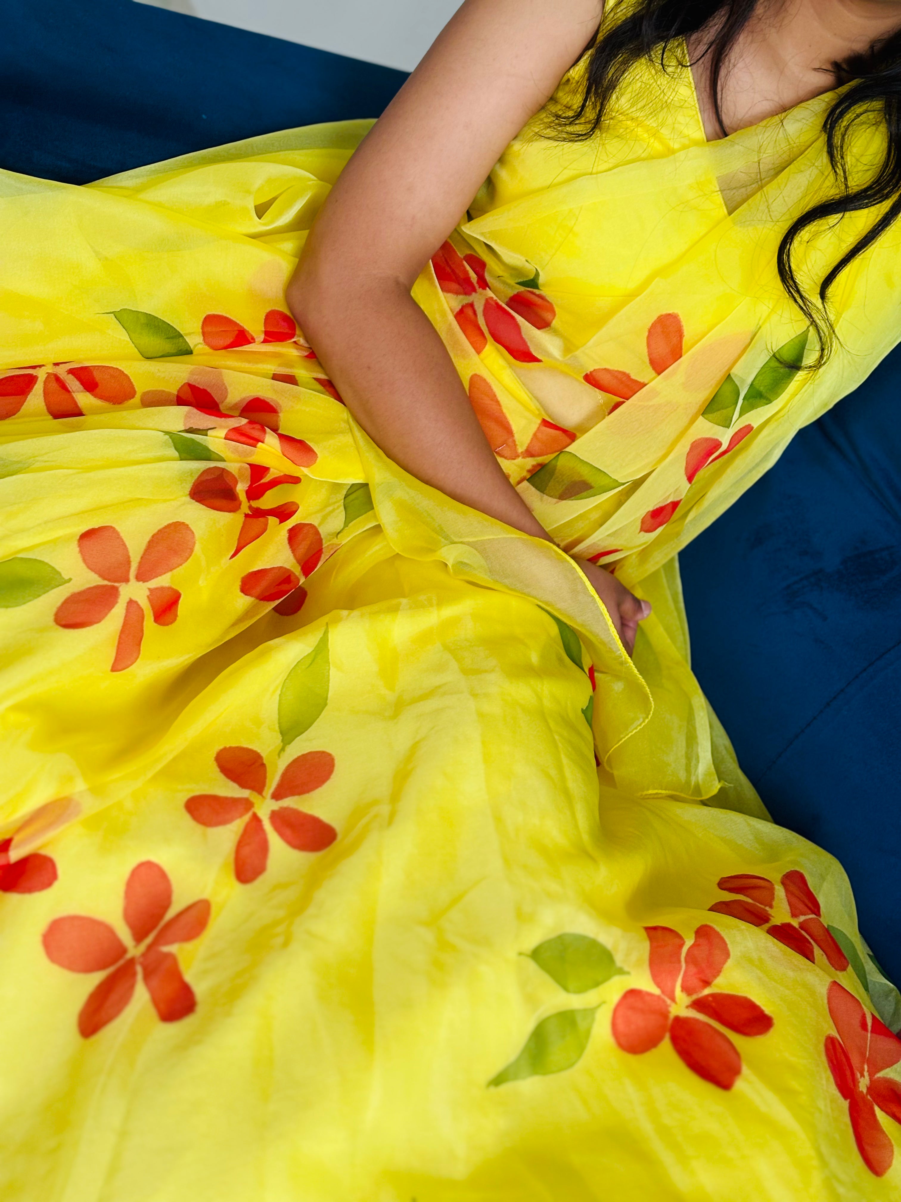 yellow organza handpainted lehenga