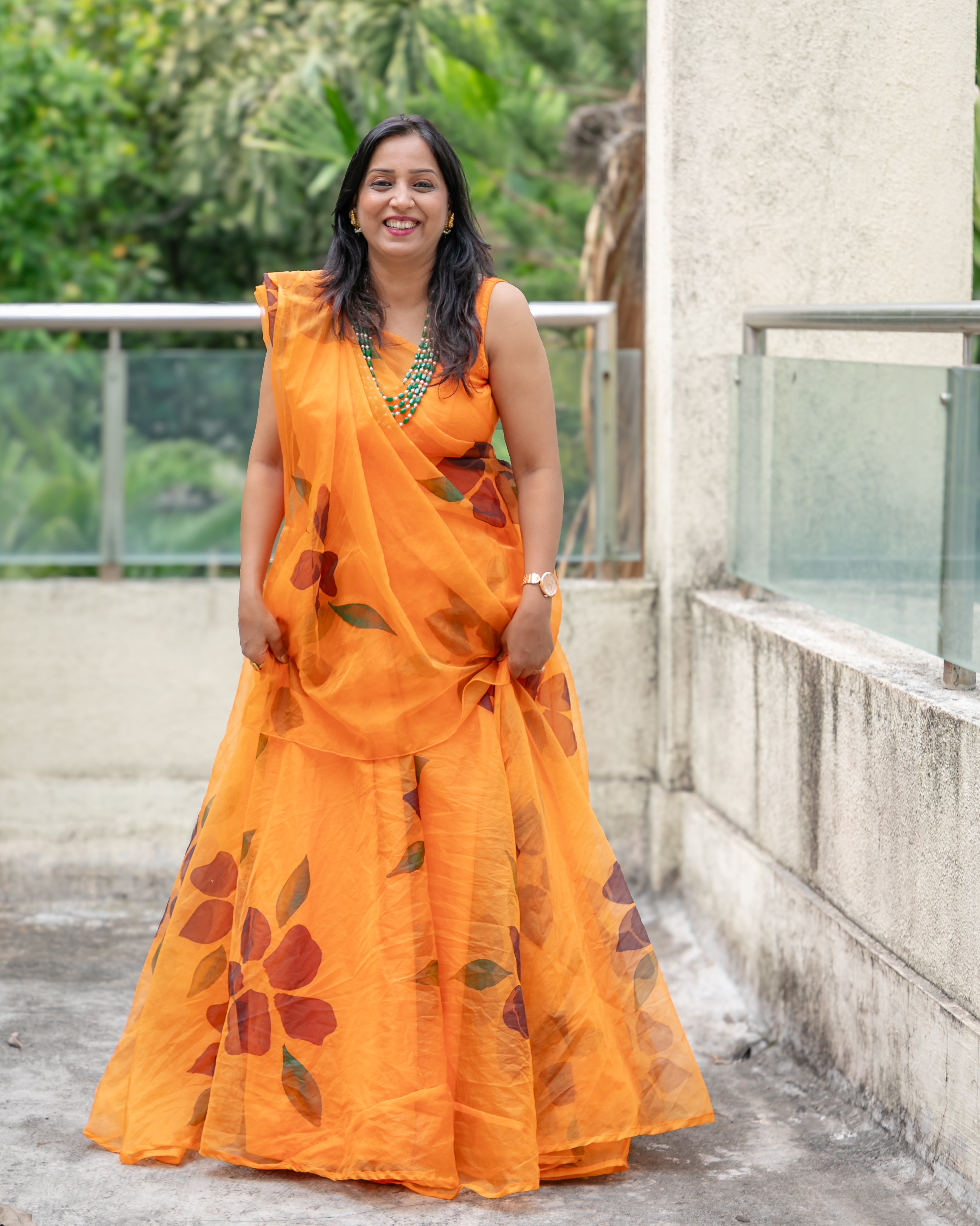 orange handpainted organza lehenga