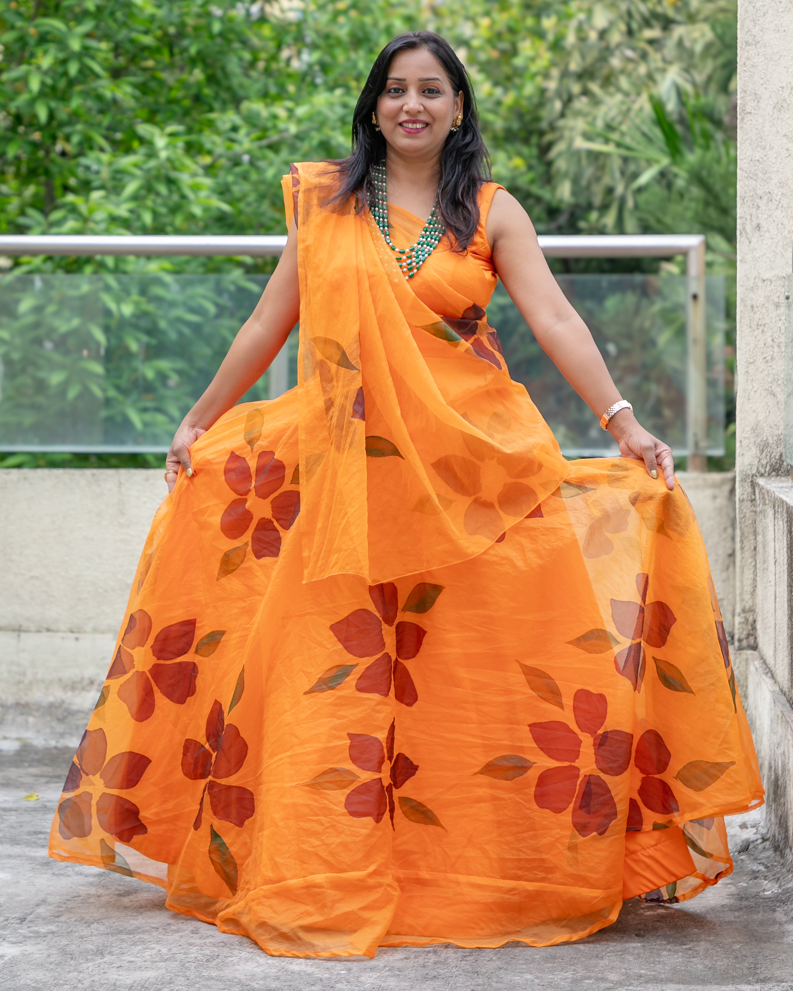 orange handpainted organza lehenga