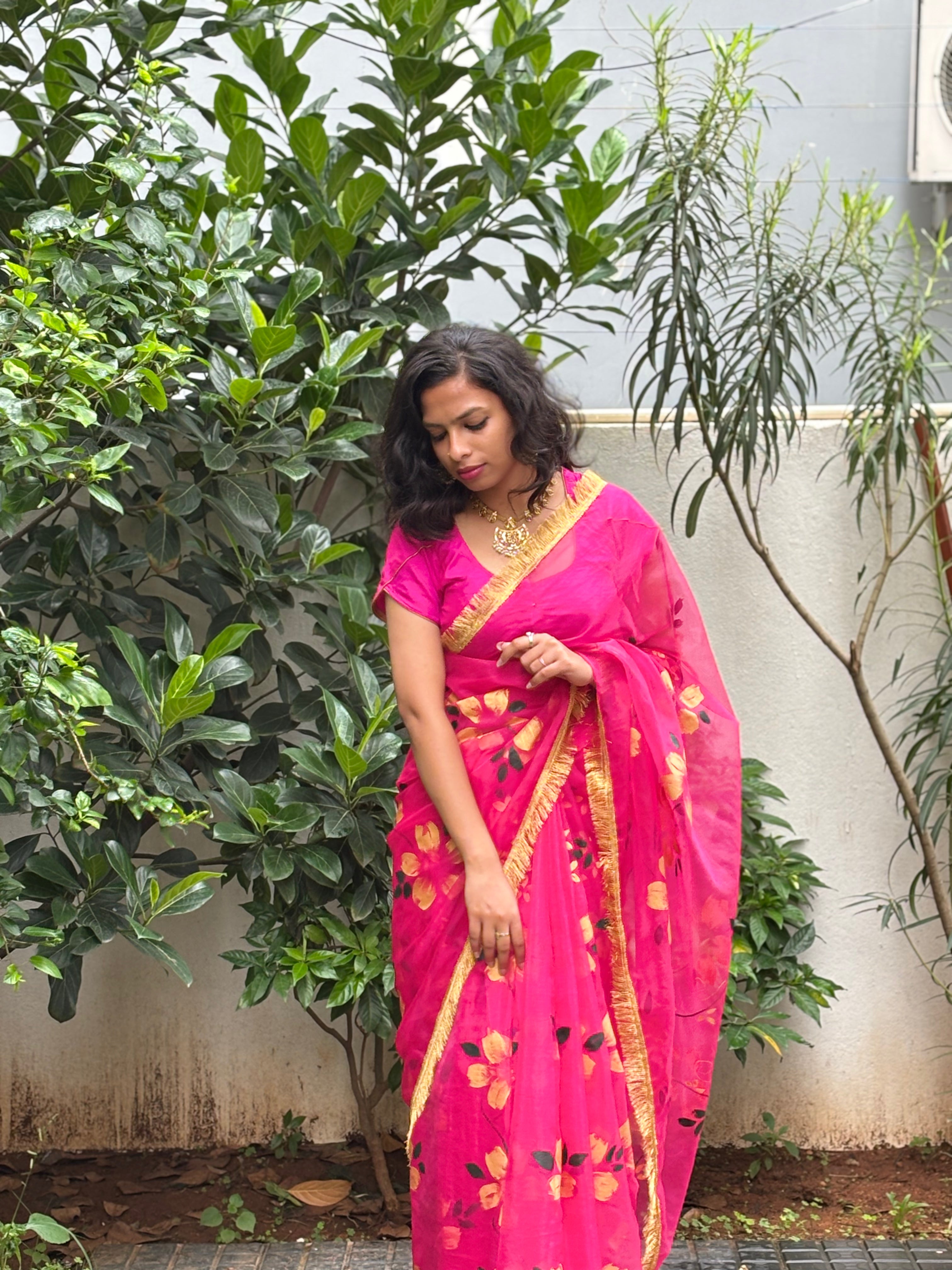 Pink silk organza handpainted saree