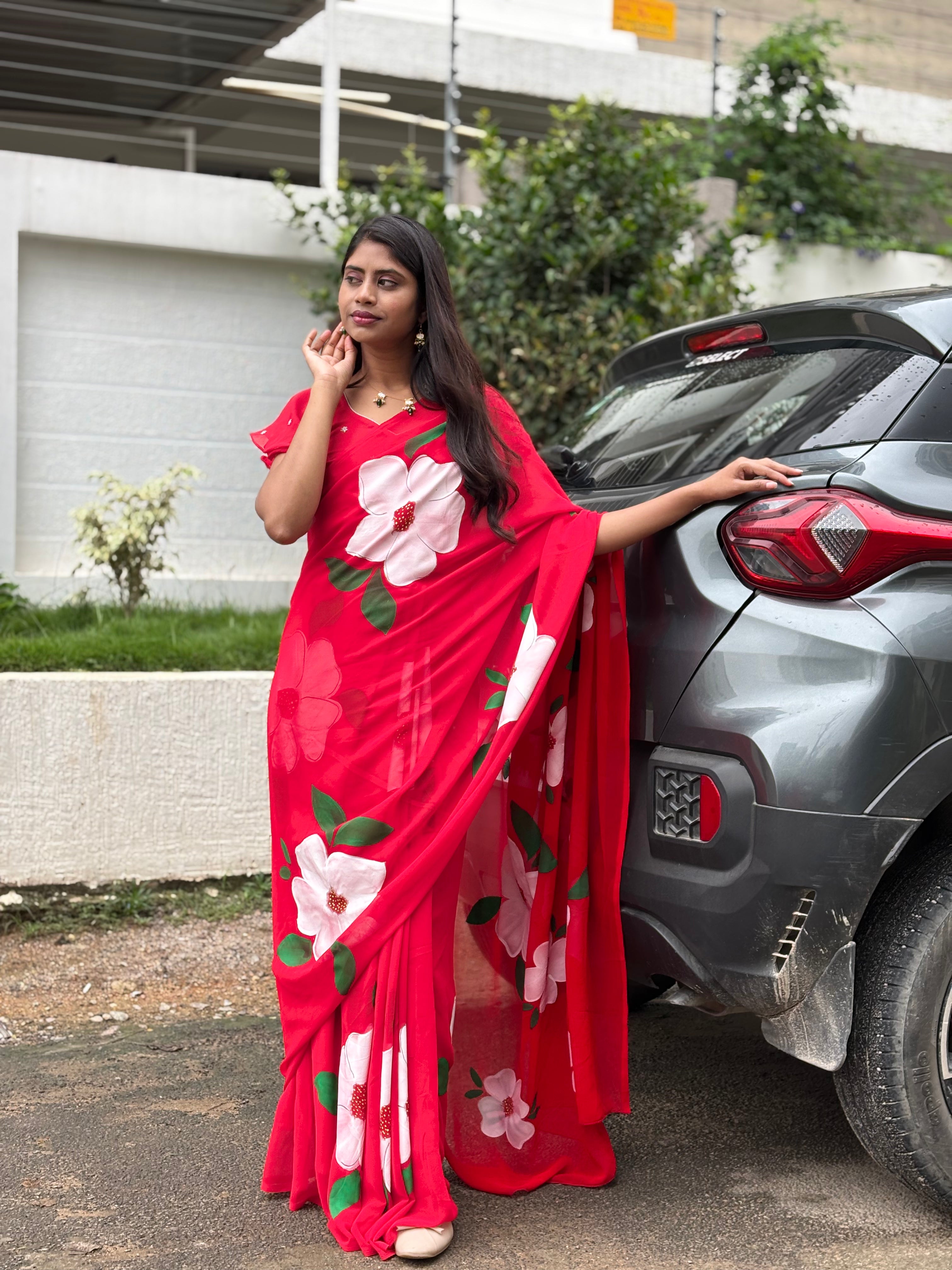 red handpainted georgette saree