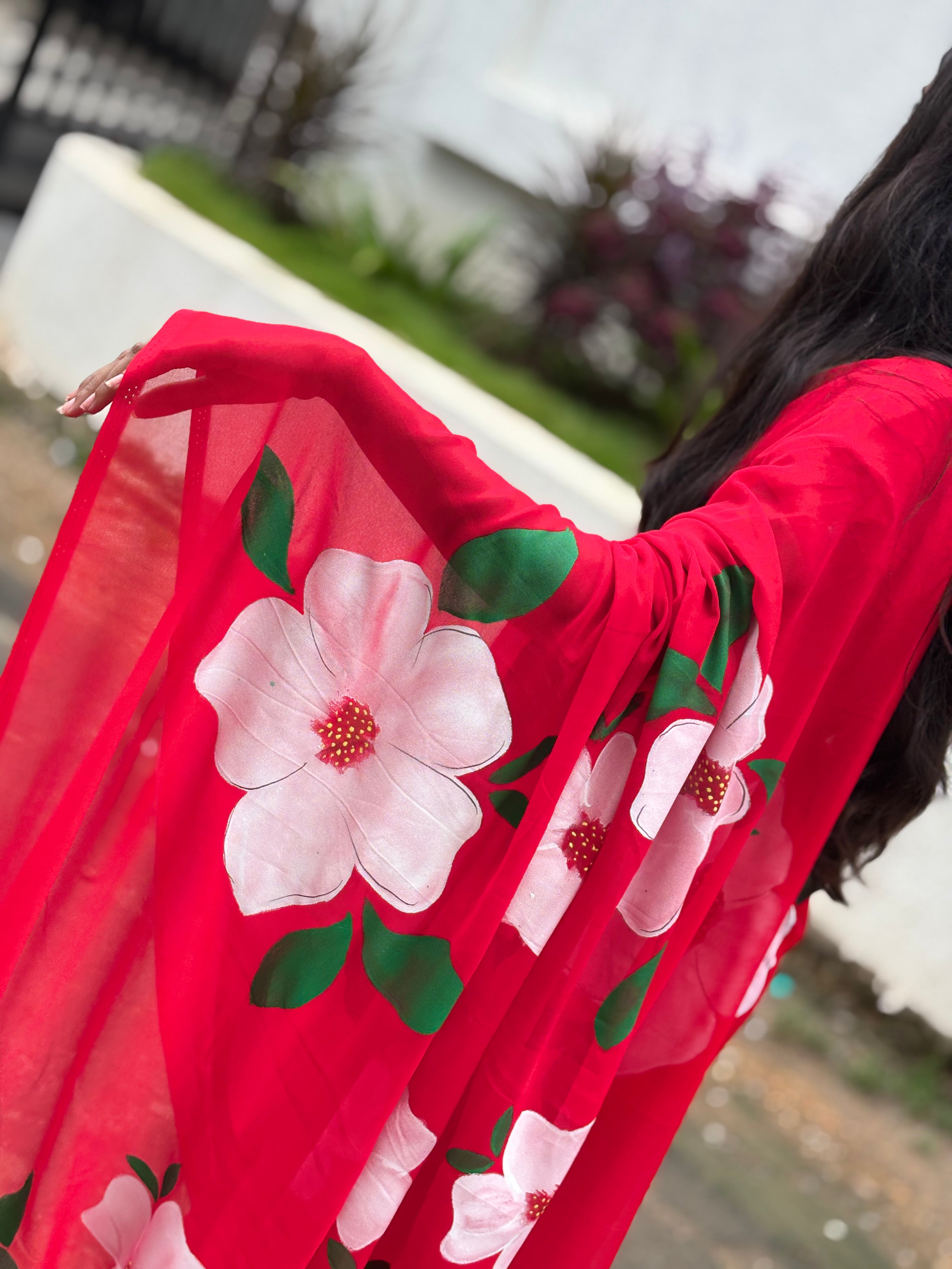 red handpainted georgette saree
