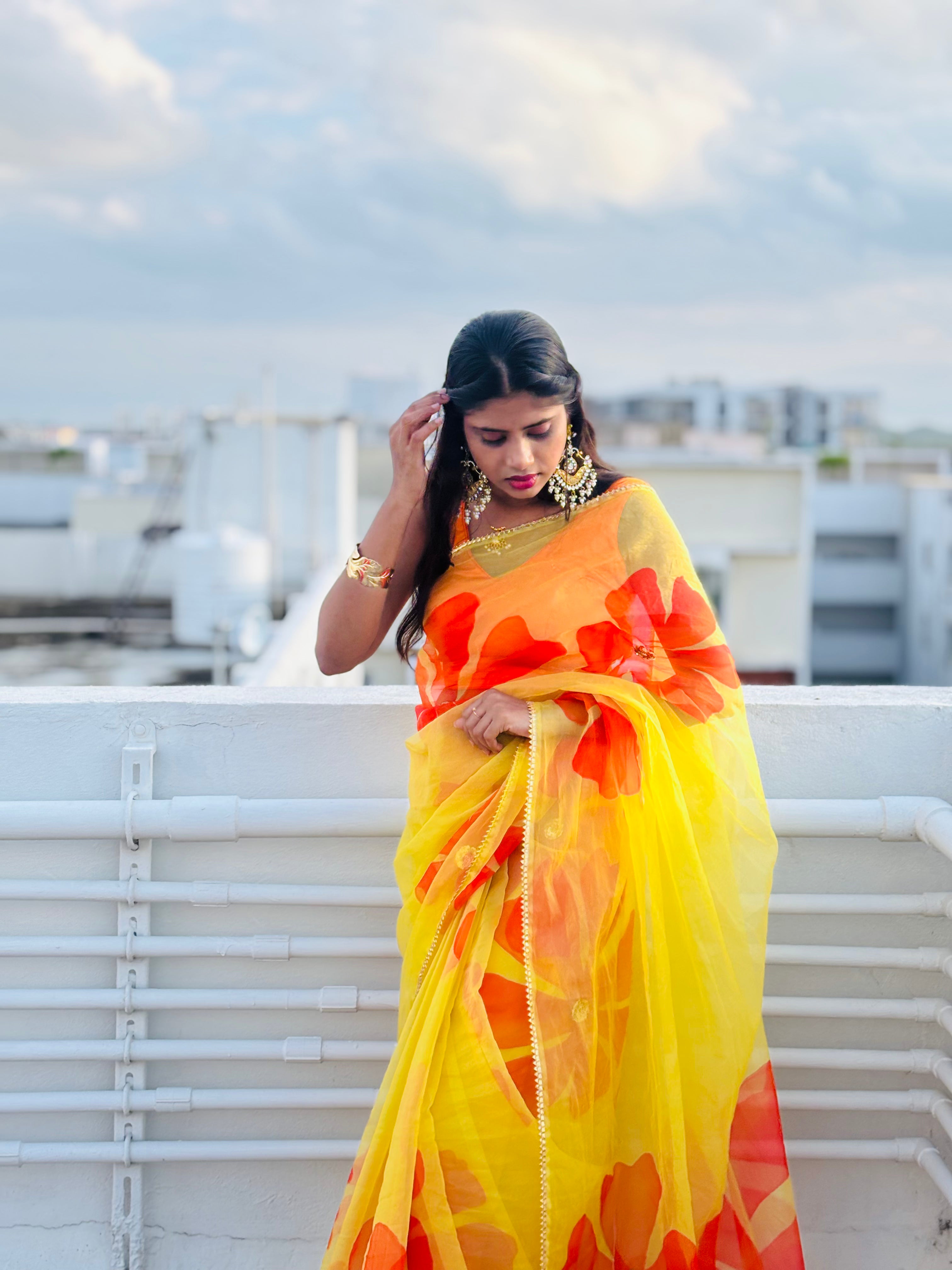Yellow organza handpainted saree