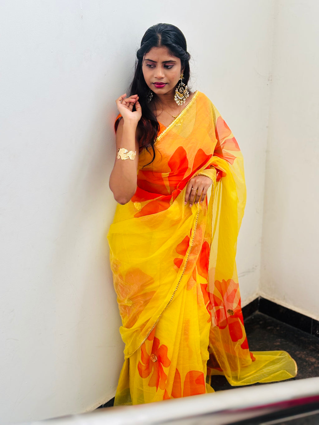 Yellow organza handpainted saree