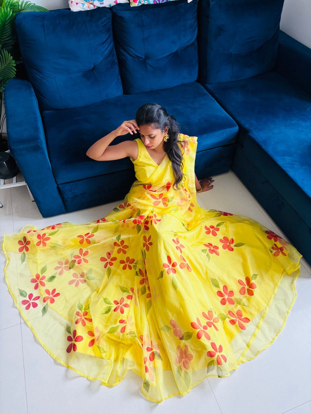 yellow organza handpainted lehenga